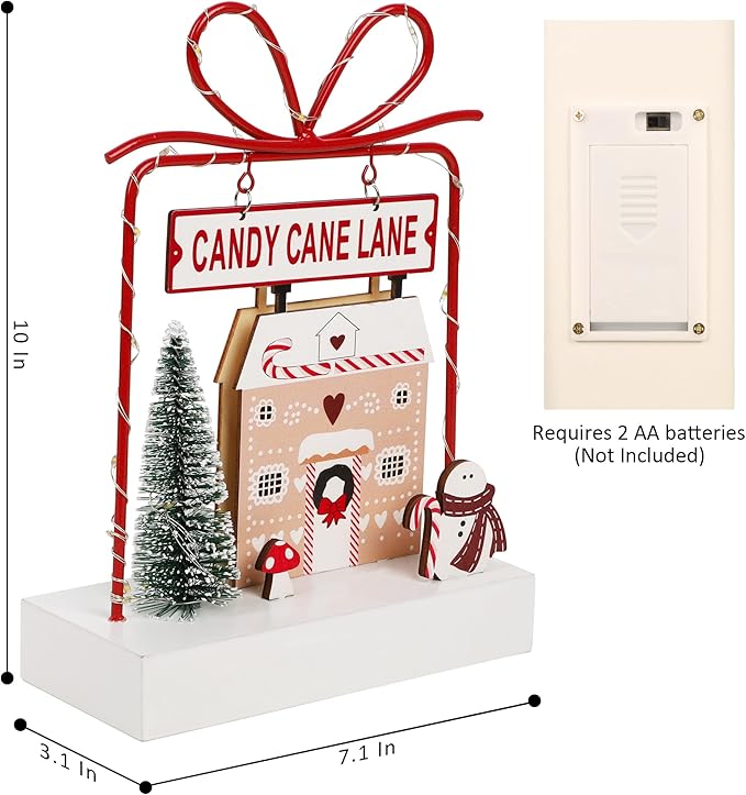 Christmas Tabletop Decoration, Wooden Lighted Decorations, Battery Operated Christmas Indoor Table Decorations (Candy Cane Lane & Giftbox)