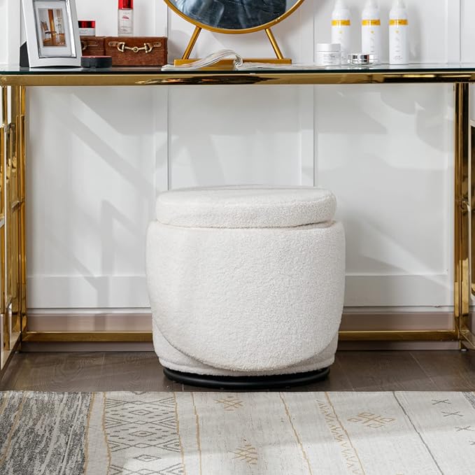 LukeAlon Sherpa Makeup Ottoman with Storage, Upholstered 360° Swivel Vanity Stool with Foldable Backrest Modern Cylindrical Footrest Stool for Living Room Bedroom, White