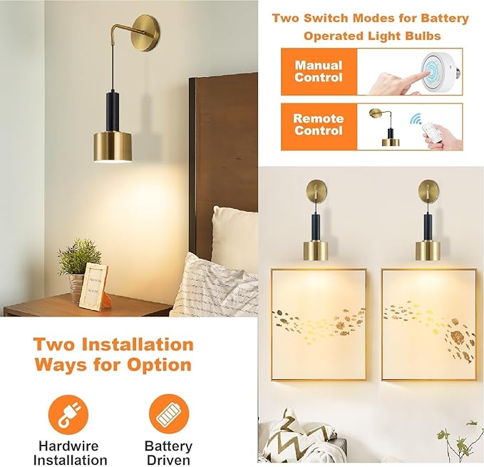 Battery Operated Wall Sconces Set of 2,Black Gold Wireless Sconce Wall Lighting Dimmable Indoor,E26 Base Modern Led Wall Lamp Fixtures for Bedroom Living Room Hallway Corridor Porc