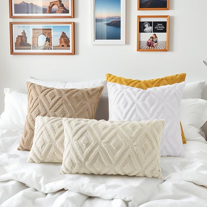 decorUhome Couch Throw Pillow Covers 16x16 Set of 2, Decorative Soft Plush Faux Wool Neutral Accent Pillow Covers for Bed Sofa Living Room, Light Khaki