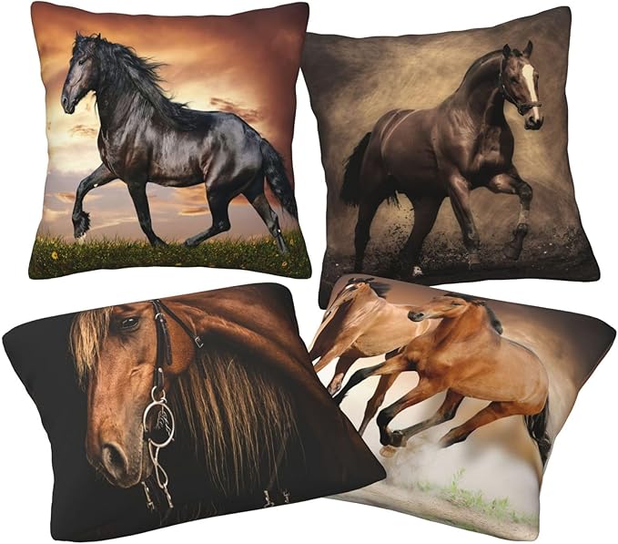 Set of 4 Throw Pillow Covers Horses Running Simply Creative Cartoon Animal Night Decorative Pillow Cases Home Decor Square 18x18 Inches Pillowcases
