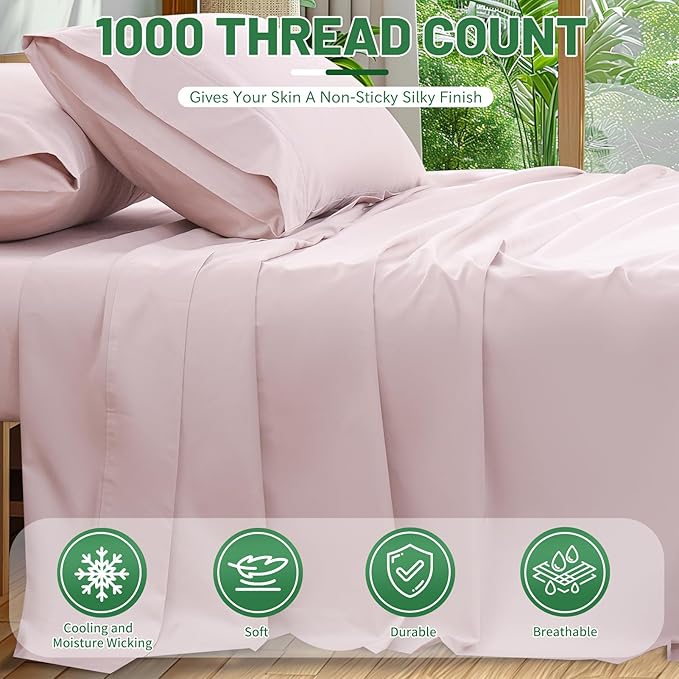 100% Egyptian Cotton Sheets King Size 4PCS 1000 Thread Count Sateen Weave Soft Breathable 16-Inch Deep Pocket (King,Light Pink)