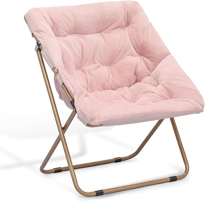 Athena Collection Saucer Chair for Adult, Square Comfy Cozy Chair Folding Chair Faux Fur Metal Frame Foldable Reading Chair Accent Chair for Bed Room Living Room, Pink