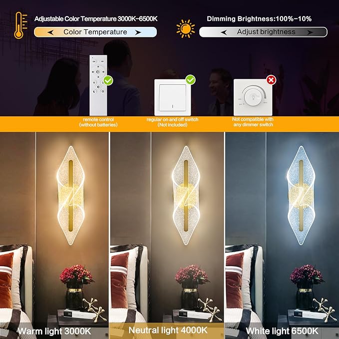 Gold Wall Lights 22.4In Indoor Wall Sconce with Remote Control LED Dimmable Wall Lights for Living Room Hallway Bathroom Bedroom Stairs