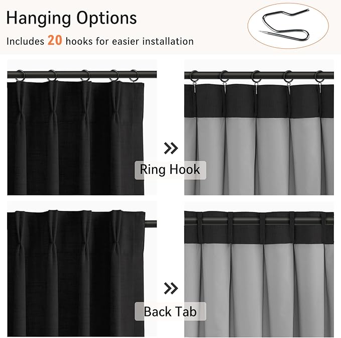 100% Blackout Shield Linen Look Textured Pinch Pleated Curtains Blackout Drapes 120 Inch Long 2 Panels Set, Faux Linen Blackout Curtains for Bedroom & Living Room, 40" W x 120" L, Black