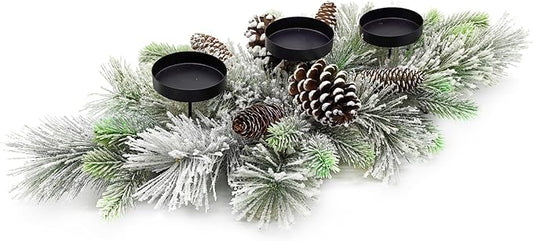 Christmas Table Centerpieces Decorations, 27.5 Inch Designed with Flocked Pine Needles, Frosted Pine Cones for Dining Table Mantel (Snowy)
