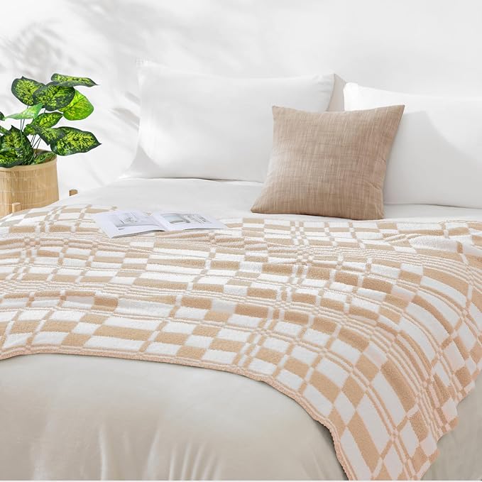 WRENSONGE Checkered Throw Blanket Toast Almond Soft Cozy Fluffy Warm Hand Made Weave Throw Blankets for Couch, Sofa, Chair, Bed, Camping, Picnic, Travel Lightweight Bed Blanket - 60"*80"