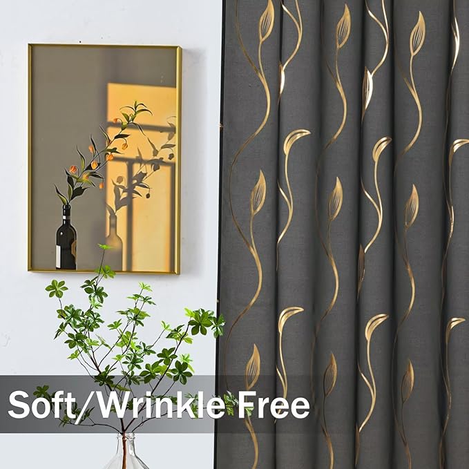 Gold Foil Print Sheer Curtains 96 inches Long, 2 Panels Wicker Bronzing Treatment Sheer Curtain, Rod Pocket Window Treatment Panels for Bedroom Living Room