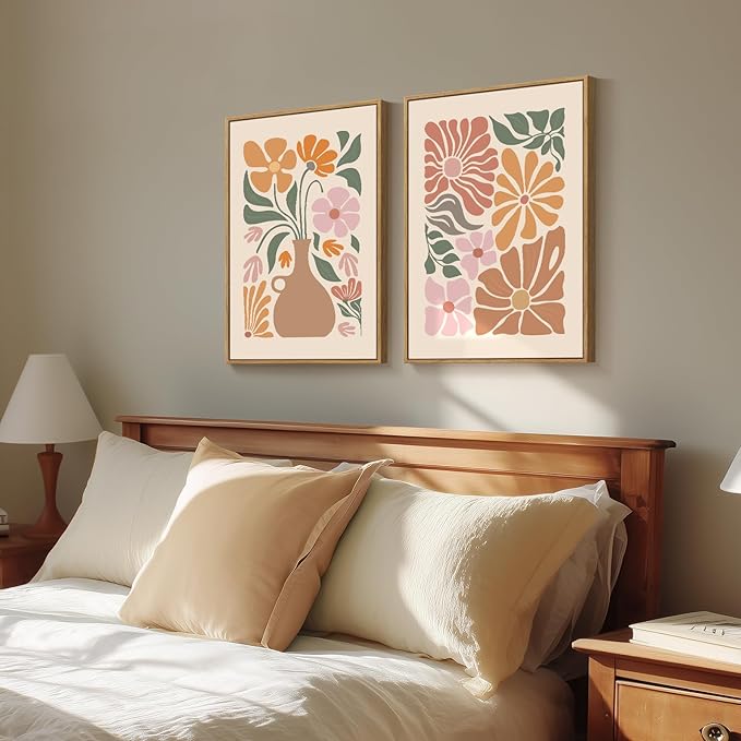Framed Boho Neutral Floral Wall Art for Room Decor, Set of 2 Botanical Flower Artwork for Walls, Bohemian Modern Canvas Paintings Prints for Living Room Bedroom Office Kitchen Wall Decor, 20x30 Inch