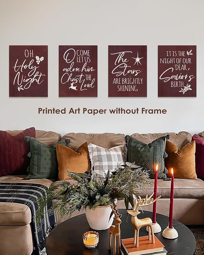 Wheatwin Vintage Christmas Wall Art Prints Set of 4, O Holy Night Sign, Christian Rustic Christmas Red Xmas Religious Decor for Bathroom Farmhouse Living Room Bedroom, 12x16 (Unframed)