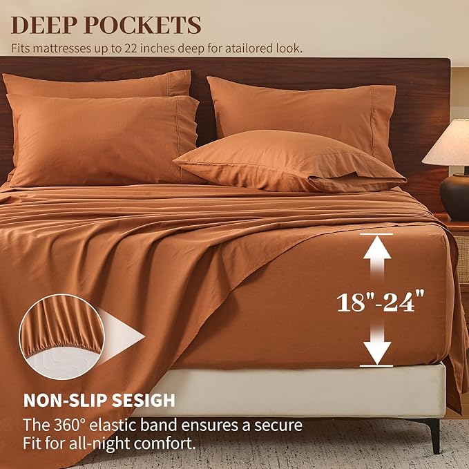 MEISHANG 100% French Pure Linen Sheets King Size - 6 PC Extra Deep Pocket Sheet Set, Soft Durable Flax Linen, Anti-Tear Breathable & Oeko-Tex Certified 18-24 Deep Pocket,All Season(Orange)