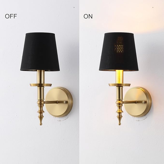 Modern Wall Sconce Industrial Mid Century Bathroom Vanity Wall Light Brushed Brass Finished Frame and Black Linen Shade Wall Mount Lights for Living Room Bedroom Stairs Corridor Mirror