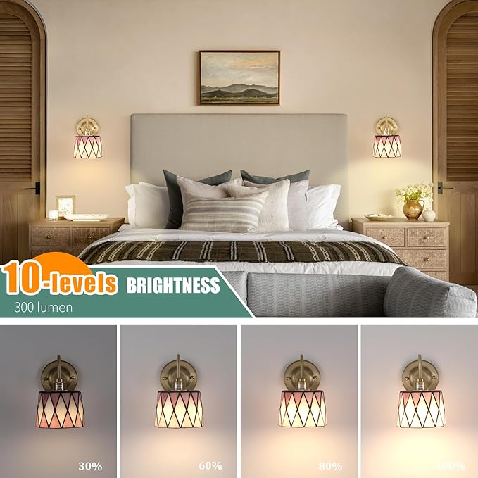 Vintage Battery Operated Wall Sconce Set of 2, 5000mAh Rechargeable Wall Lamp 12 RGB Colors Dimmable, Gold Lights Fixture for Bedroom Bathroom Living Room Hallway Pink Checker