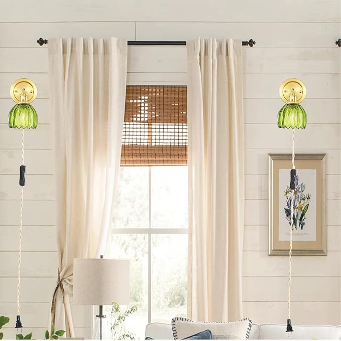 Plug in Vintage Wall Sconces Set of 2, 180 Degree Adjustable Brass Vanity Lights Fixture with Green Tulip Glass Lampshade, Modern Wall Lighting for Bedside Bedroom Bathroom