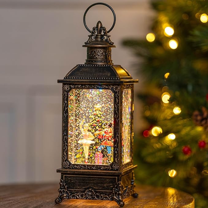 Christmas Snow Globe Nutcracker Lantern, Musical Lighted Nutcracker & Ballerina Water Lantern Swirling Glittering Home Decoration and Gift, Battery Operated or USB Powered