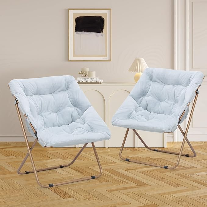 Athena Collection Saucer Chair for Adult, Square Comfy Cozy Chair Folding Chair Faux Fur Metal Frame Foldable Reading Chair Accent Chair for Bed Room Living Room Set of 2, Blue