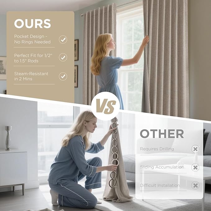Joydeco Blackout Curtains for Bedroom - Natural Linen Curtains 37 X 84 inch, Thermal Insulated 100% Blackout 2 Panels Light Blocking Drapes, Rod Pocket & Back Tabs, Darkening Privacy for Living Room