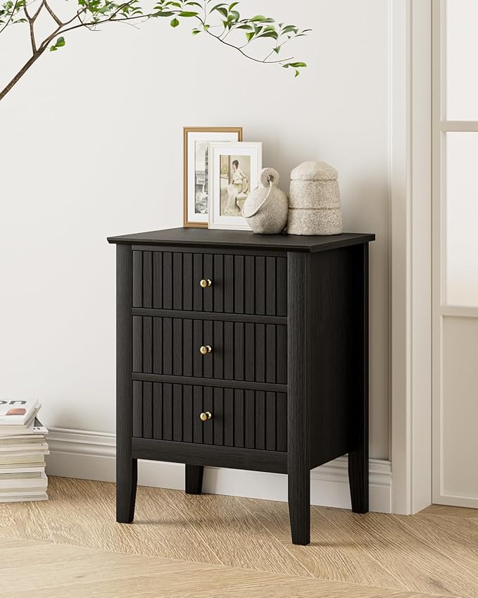 Fluted Nightstand, Farmhouse Night Stand with 3 Drawers, Mid Century Modern Side Accent Table,Bedside End Table for Bedroom, Living Room, Black