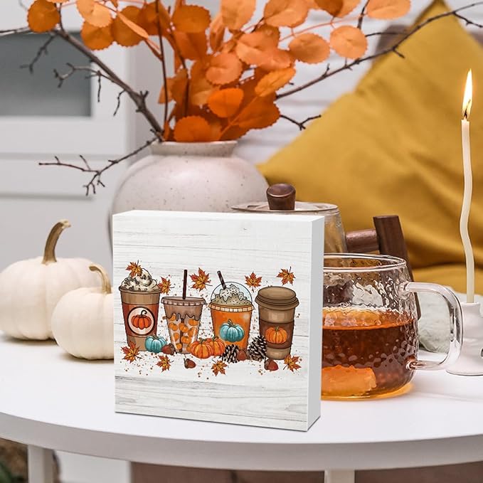 Cute Fall Coffee Thanksgiving Halloween Pumpkin Nut Office Bedroom Dining Room Decor Wooden Box Block Plaque Wood Products Sign for Desk Table Tabletop Decor 5 x 5 inches Tub1606