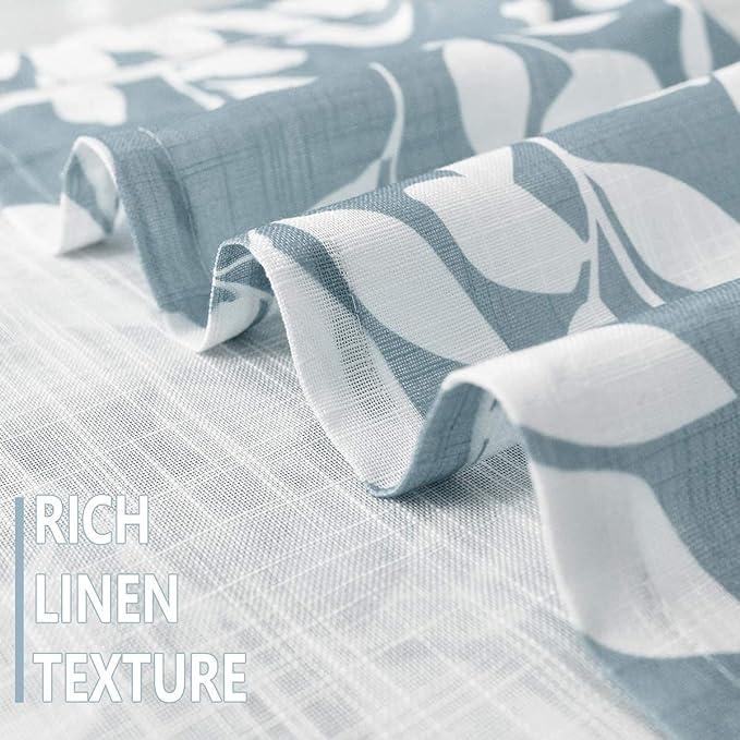 Blue White Curtains for Living Room 63" Length Leaves Print Semi-Sheers Curtains for Windows, Grommet Top, 2 Pack
