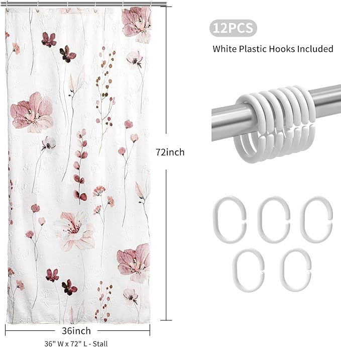 QiyI Small Stall Shower Curtain 36 x 72, Narrow Half Watercolor Floral Bath Curtain, 3D Embossed Pink Brown Flower Cloth Bathroom Curtain, Waterproof Fabric White Shower Curtain Set with Hooks