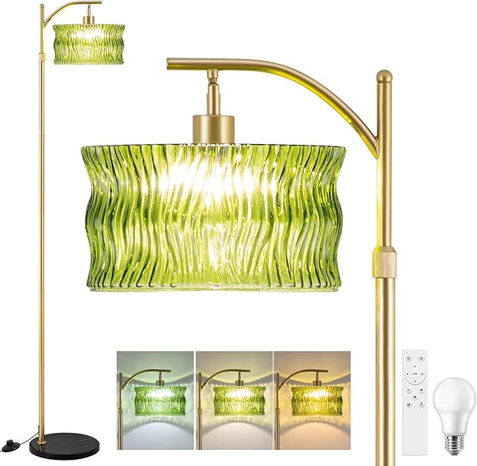 Glass Floor Lamp for Living Room, Modern Gold Standing Lamp with Remote Control & 3 Color Temperature, Green Floor Lamps with Glass Lampshade Dimmable Tall Floor Lamp for Bedroom Corner