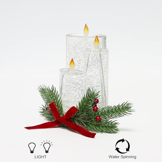 Christmas Tabletop Decor, Snow Globe Water Spinning LED Lighted Candles, Battery Operated (not Included) (6.8" H x 4.8" W x 4.8" D) by Moments in Time