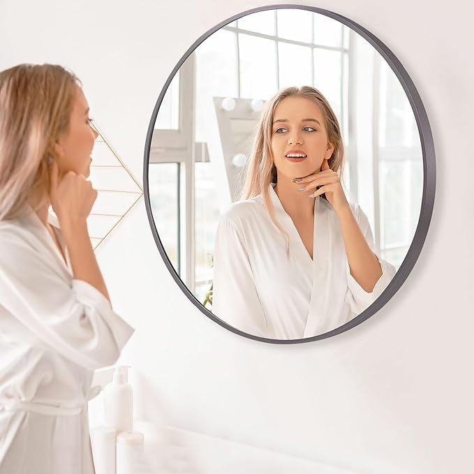 30 inch Dark Gray Bathroom Wall Mirror, Brushed Titanium Metal Framed Round Mirror for Bathroom Vanity, Bedroom Decor, Living Room, Entryway