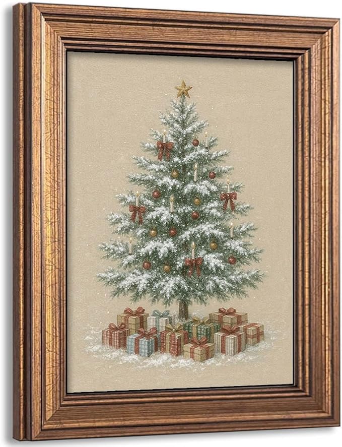 Christmas Tree Wall Art Vintage Gold Framed Wall Decor Rustic Winter Picture Painting for Farmhouse Home Living Room Decor Gift (Christmas Tree, 12L" x 9.5W")