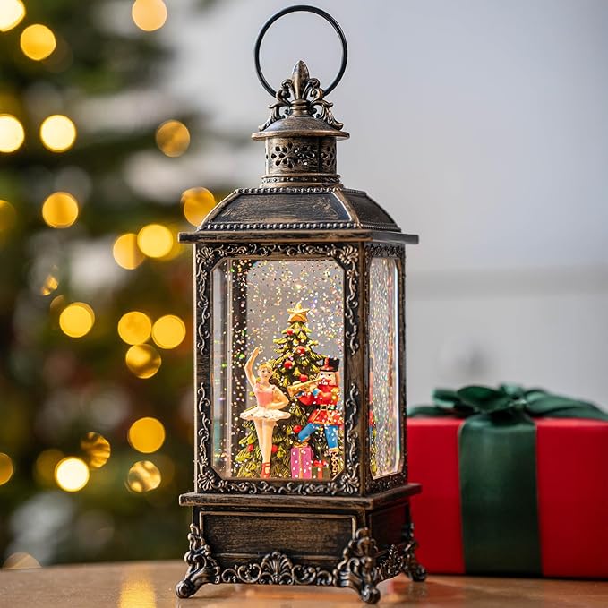Christmas Snow Globe Nutcracker Lantern, Musical Lighted Nutcracker & Ballerina Water Lantern Swirling Glittering Home Decoration and Gift, Battery Operated or USB Powered