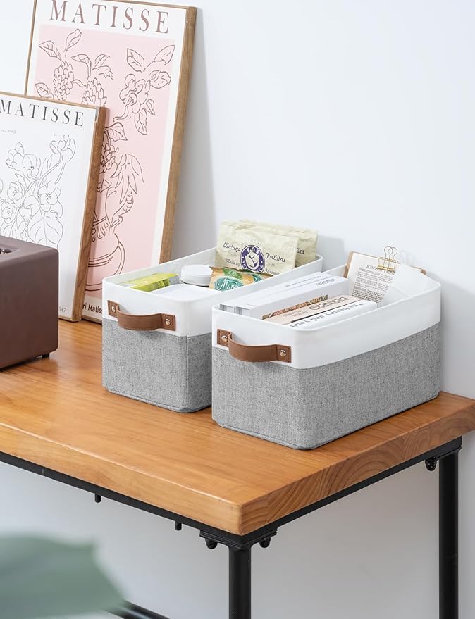 StorageWorks Narrow Storage Bins, Small Basket for Closet and Shelves, Rectangular Fabric Organizer with Handles, Toilet Paper Storage, Gray and White Stripes, 2-Pack