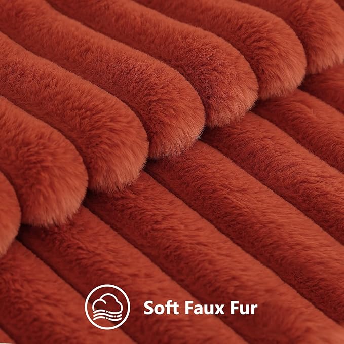 decorUhome Faux Fur Fall Throw Pillow Covers 12x20 Set of 2, Decorative Soft Plush Striped Lumbar Neutral Couch Euro Pillow Covers with Velvet Back for Sofa, Bed, Living Room Home Decor, Rust