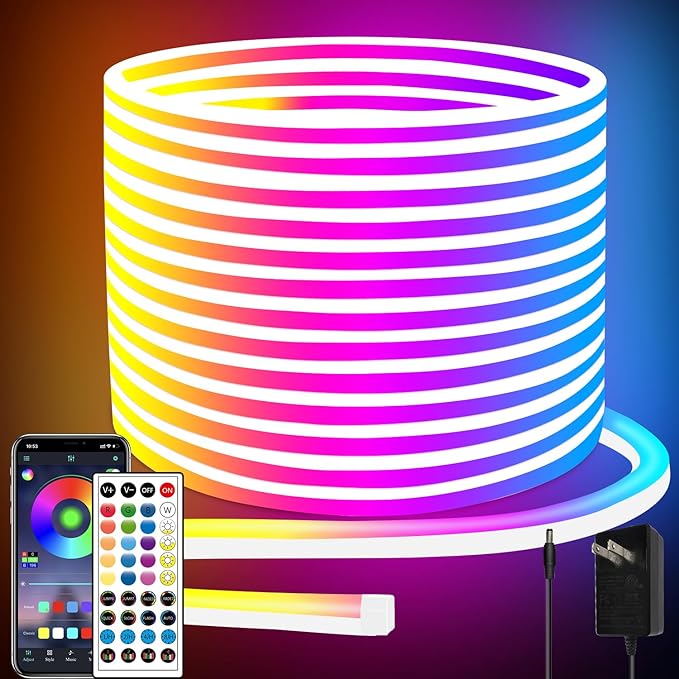 66FT Led Neon Rope Lights Control with App/Remote,Flexible Led Rope Lights,Multiple Modes,IP65 Outdoor RGB Neon Lights Waterproof,Music Sync Gaming Led Neon Strip Lights for Bedroom Décor