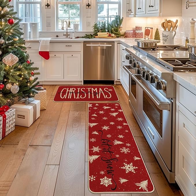 Artoid Mode Xmas Trees Snowflake Let It Snow Merry Christmas Kitchen Mats Set of 2, Winter Decor Low-Profile Kitchen Rugs - 17x29 and 17x59 Inch