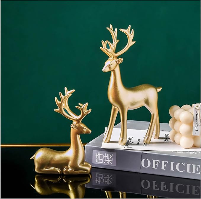 FANTESTICRYAN Small Reindeer Sculpture Resin Christmas Reindeer Elk 2pcs Christmas Home Decor Statues for Living Room, Bedroom, Office Desktop, Cabinets (Golden Small)