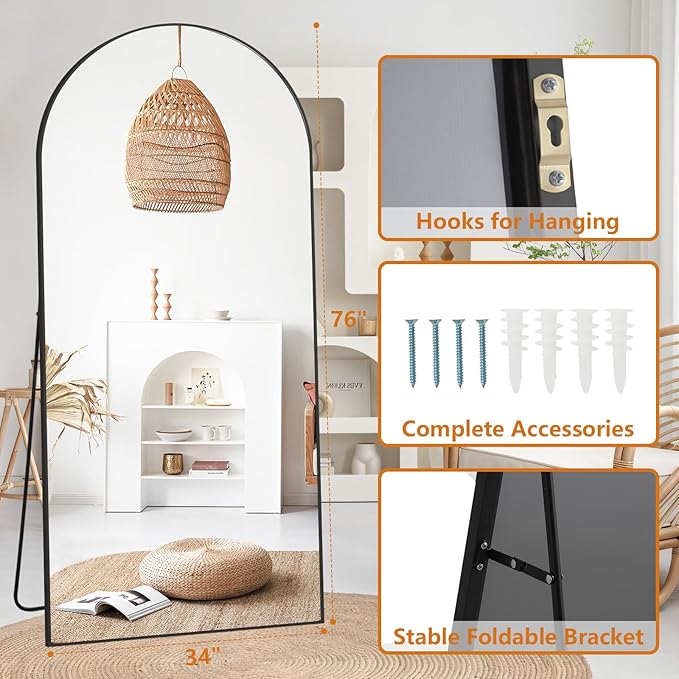 Arched Full Length Mirror, 76"x34" Large Floor Mirror Blake Free Standing Mirror Full Length for Bedroom Living Room Gym, Tempered Glass