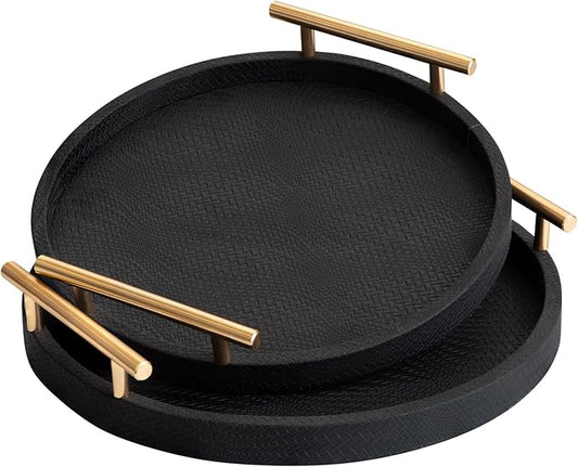 2 Piece Black Round Serving Tray with Handles, Woven-Texture Faux Leather Ottoman Tray for Living Room, Decorative Tray for Coffee Table Home Decor