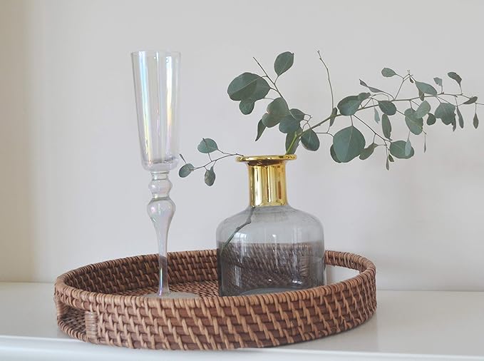 Round Rattan Woven Serving Tray with Handles Ottoman Tray for Breakfast, Drinks, Snack for Coffee Table, Home Decorative (11"x1.6", Honey Brown)