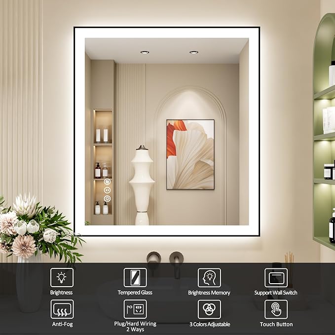 32x36 Inch LED Bathroom Mirror with Black Frame, Backlit and Front Lighted Bathroom Mirrors for Wall, Anti-Fog, Dimmable, Memory, Shatterproof, LED Vanity Mirror for Bathroom