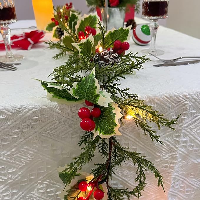 6ft 20 LED Christmas Garland with Holly Pines,Battery Operated Garland with Timer, Red Berry Garland with Lights for Indoor Mantle Fireplace Stair Home Holiday Decoration