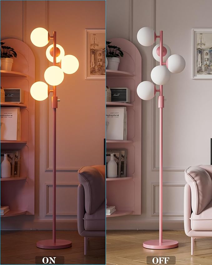 64IN Dimmable Pink Floor Lamp, Tall Standing Lamps with 5 Globe Soft Warm White Eye Care 3000K G9 Bulbs, Mid Century Modern Floor Lamp for Living Room Bedroom Office