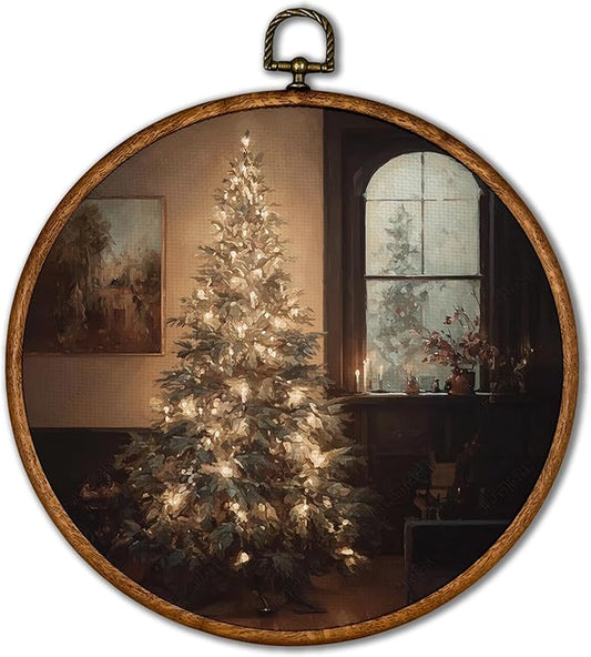 KSDUT Vintage Christmas Wall Decor Art - Retro Xmas Tree Wall Art Canvas Frame Hanging Prints, Merry Christmas Holiday Round Wall Art Decor for Home Farmhouse Decorations 10"x10"