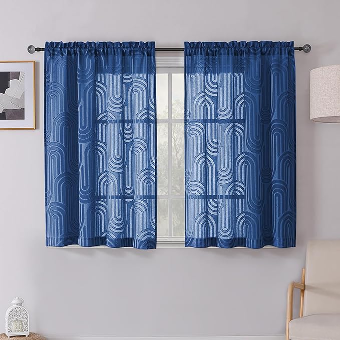 Simplebrand Dusty Blue Sheer Curtains, 42W x 54L Inches, 2 Panels, Geometric Mid Century Jacquard Clip, Light Filtering, Rod Pocket, Modern Style, Bedroom & Living Room