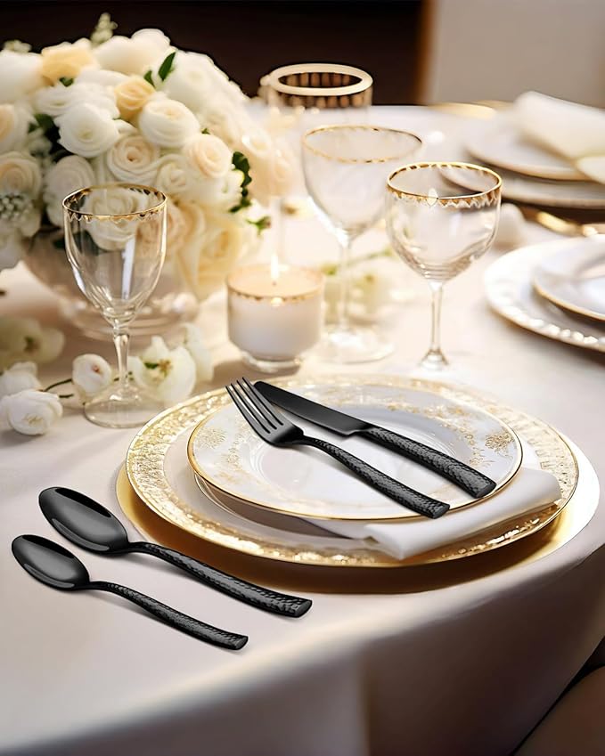 Black Silverware Set, Ollex 60-Piece Heavy Duty Hammered Flatware Set for 12, Food-Grade Stainless Steel Knives Forks and Spoons Utensil Set, Mirror Cutlery Set for Home Restaurant, Dishwasher safe