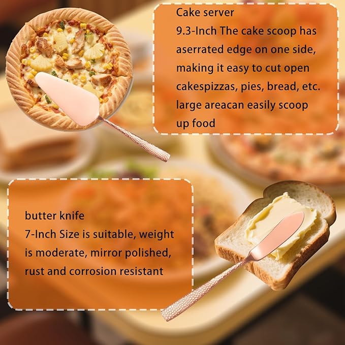 Large Hostess Serving Utensils Set, Stainless Steel Heavy Duty Hammered Serving spoons, Slotted Spoons, Serving Fork, Cake Server, Butter Knife, Dishwasher Safe(Rose Gold)