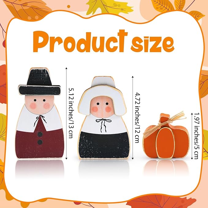 3 Pcs Fall Thanksgiving Decorations Wooden Pumpkin Pilgrim Couple Table Sign Harvest Standing Tabletop Signs for Thanksgiving Fall Home Indoor Decor