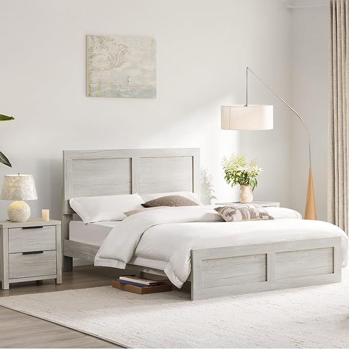 21" Farmhouse Nightstand with Charging Station 2 Drawers Large End Table with Metal Handle Rustic Low Night Stand Wood Dresser for Living Room Bedroom Closet,Grayish White