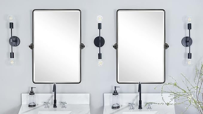 TEHOME Oil Rubbed Bronze Pivot Rectangle Mirrror Farmhouse Tiltable Rounded Metal Framed Pivoting Bathroom Mirror with Beveled Mirrror, Overall 26.91 x 35 inches (Mirrror 23 x 35 inches)