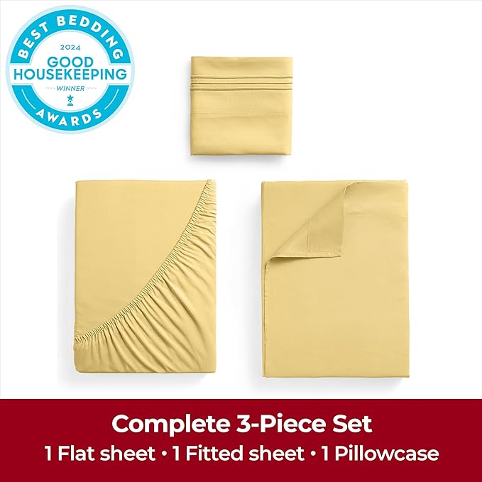 Mellanni Twin Sheets Set - 3 PC Iconic Collection Bedding - Hotel Luxury, Extra Soft, Cooling Bed Sheets - Wrinkle, Fade, Stain Resistant (Twin, Yellow)