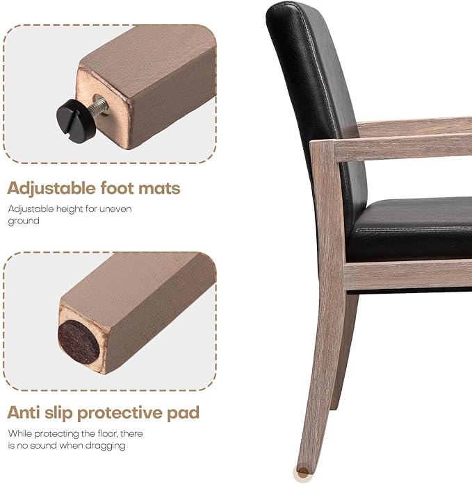 Black Dining Chairs, Upholstered Faux Leather Dining Chairs with Arms, Mid Century Modern Accent Chairs for Living Room Arm Chairs with Wood Frame (1, Black with Wood Arms)